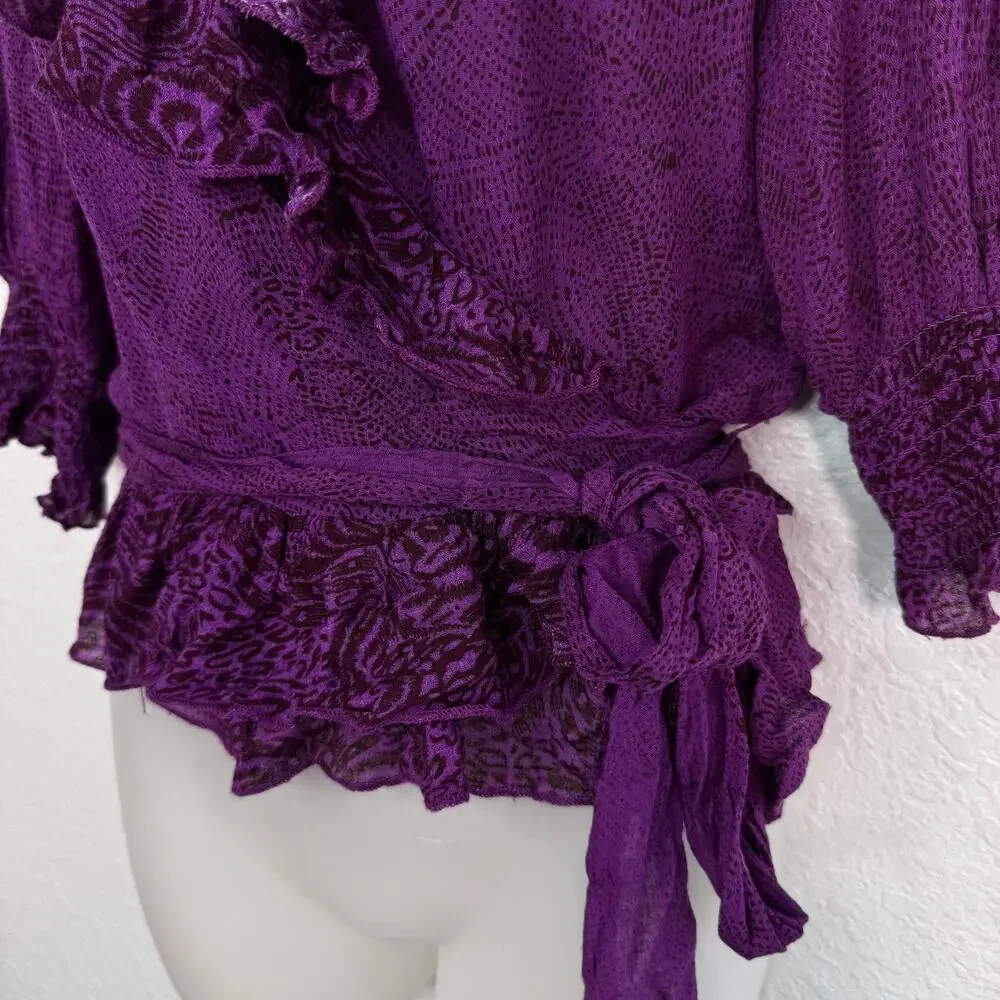 Free People Top Women Small Olivia Floral Wrap Ruffle Tie Tunic Blouse Boho